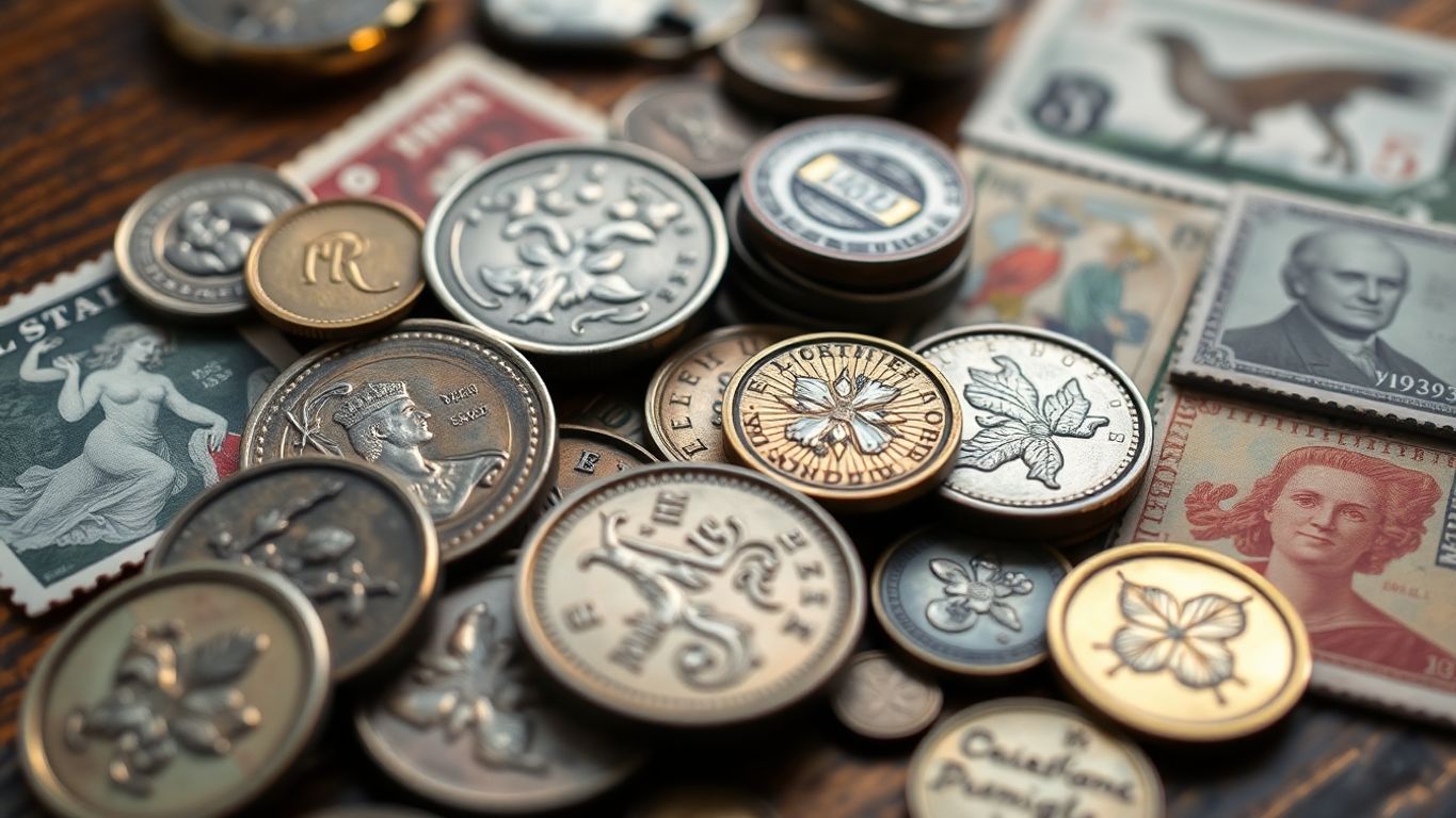Close-up of vintage collectibles on wooden table.