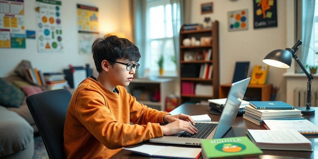 Student studying online at home with laptop and books.