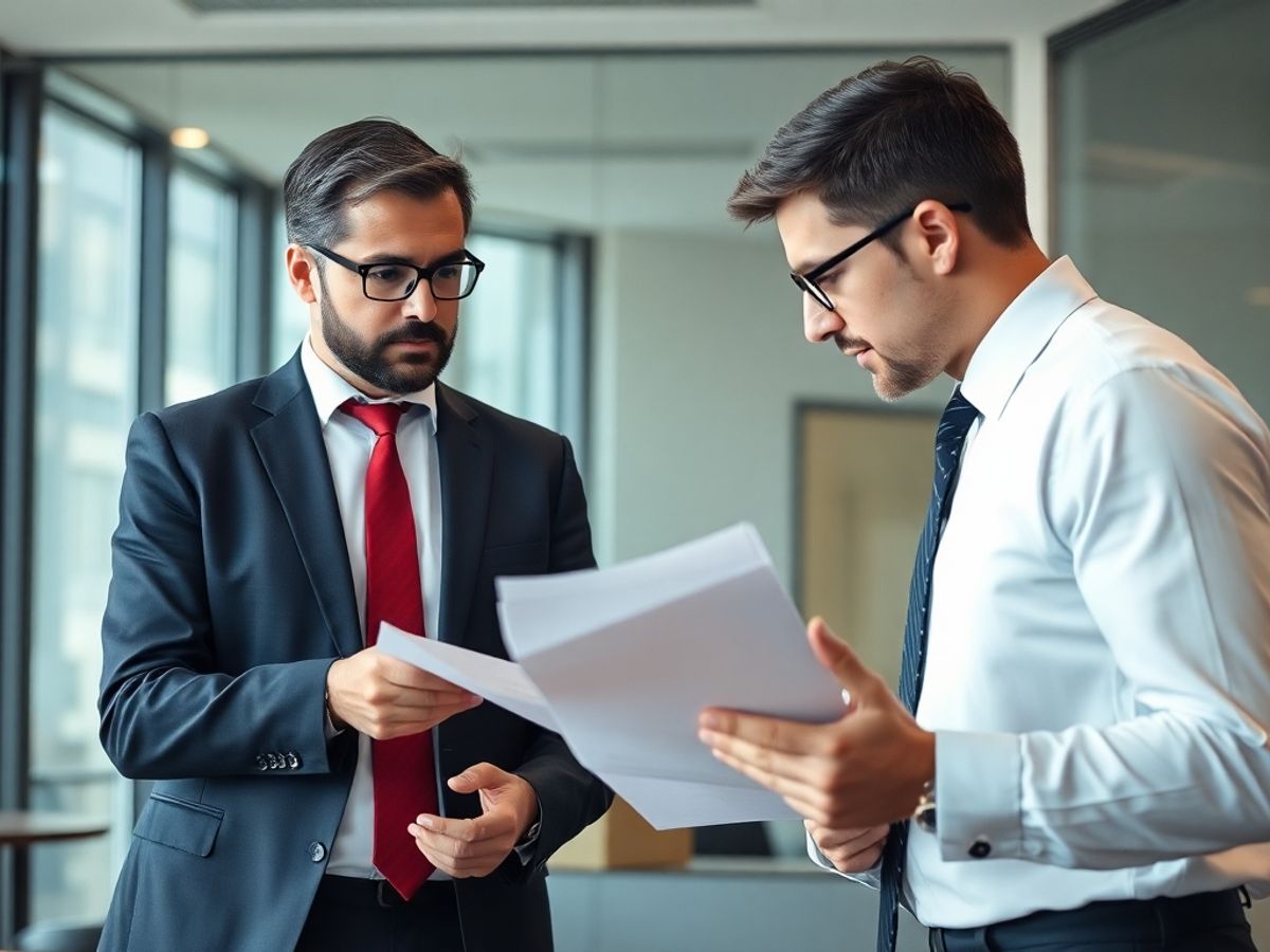Avocat în birou modern, discutând despre documente legale.