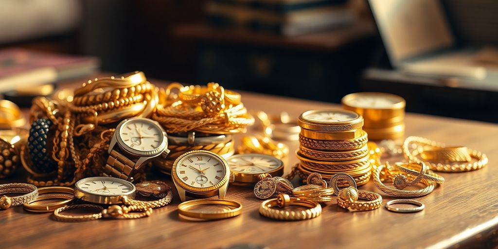 Bijoux et objets de valeur empilés sur une table en bois