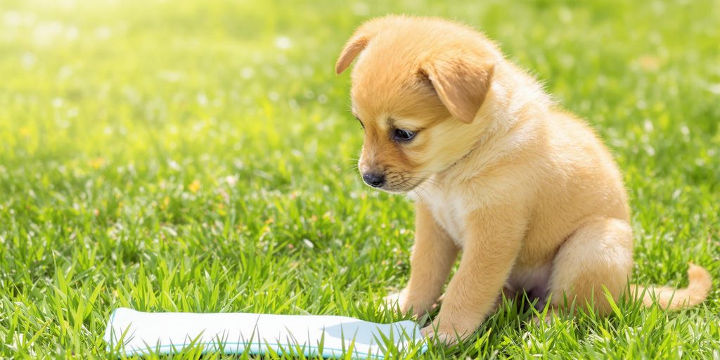 Cute puppy on grass near a potty training pad.
