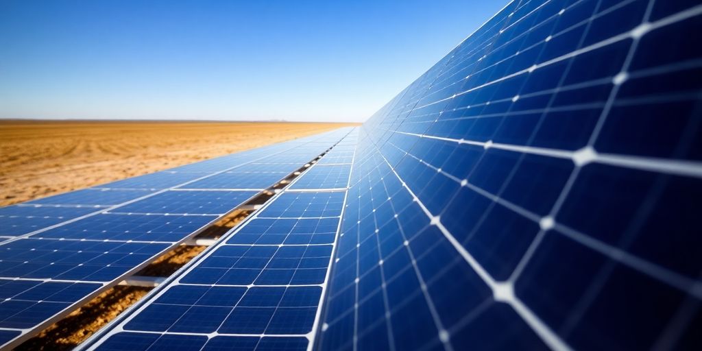 Large industrial solar panels on a sunny field.