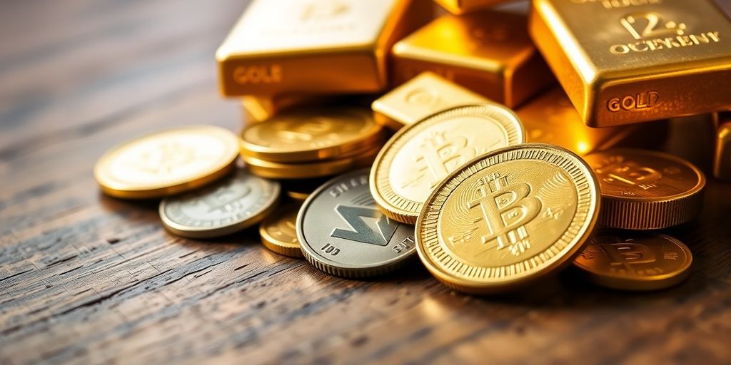 Des barres et des pièces d'or sur une table en bois.