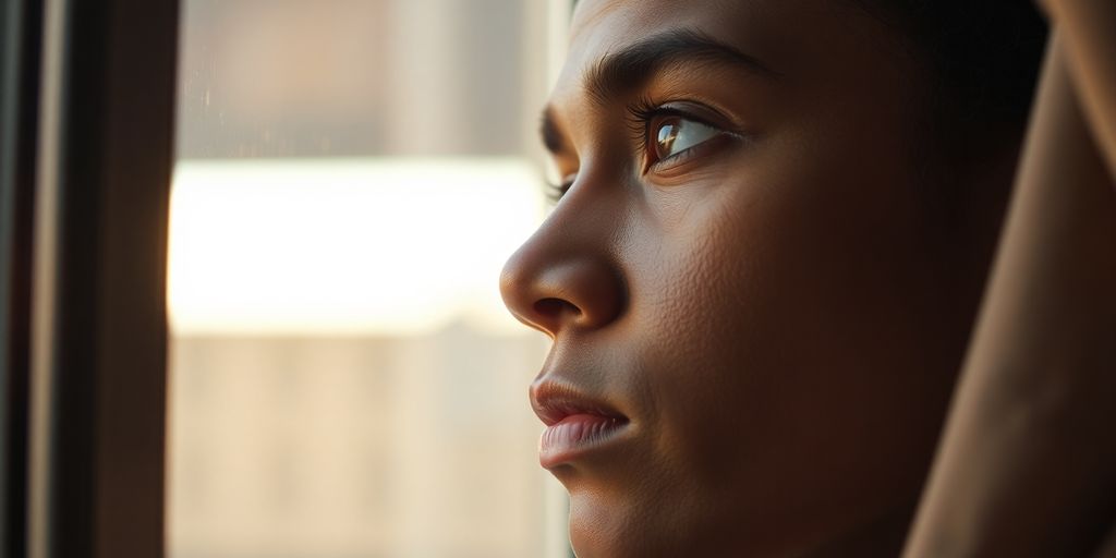 Person gazing out window, deep in thought, reflecting motivation.