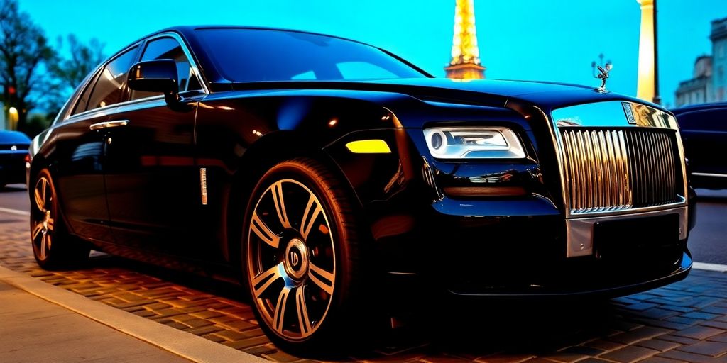 Voiture de luxe garée devant un monument parisien.