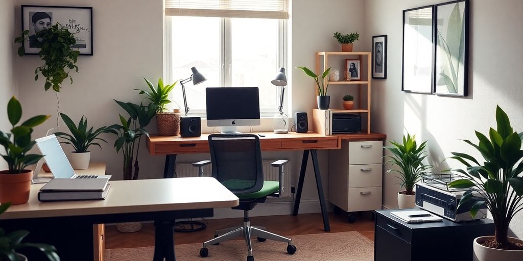 A stylish home office setup with ergonomic furniture and plants.