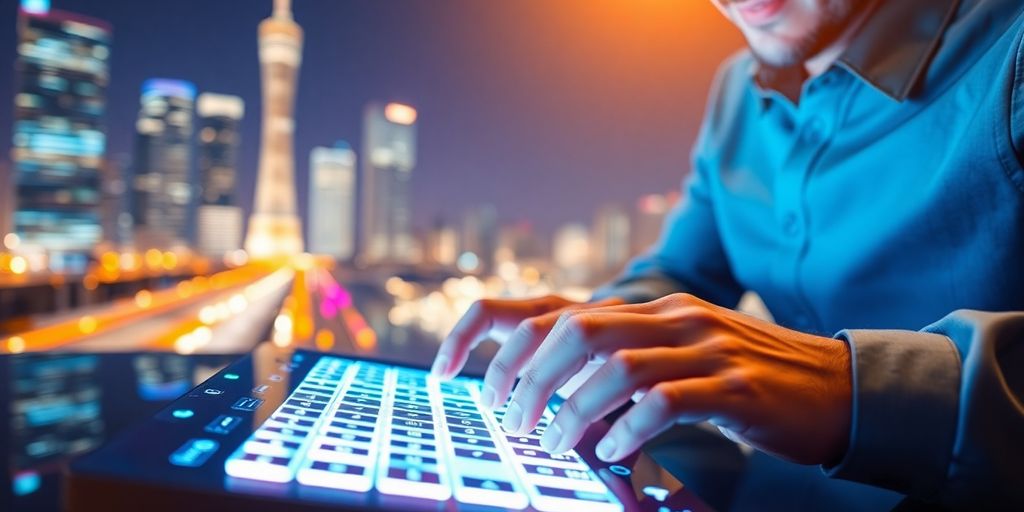 Person online, futuristic city backdrop, digital marketing success.