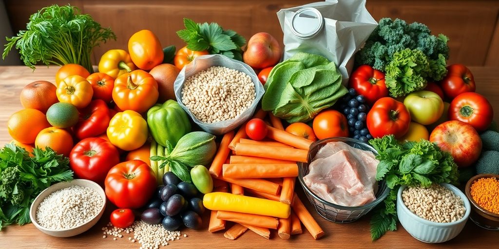 Healthy foods for diabetes management on a wooden table.