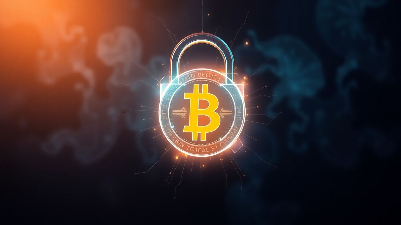Digital padlock protecting cryptocurrency coin from threats.