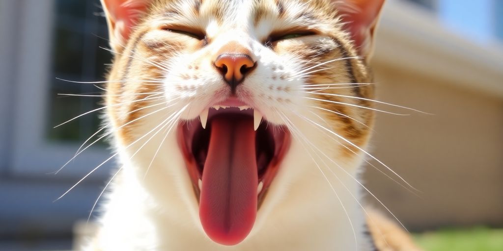 A cat panting outdoors on a sunny day.