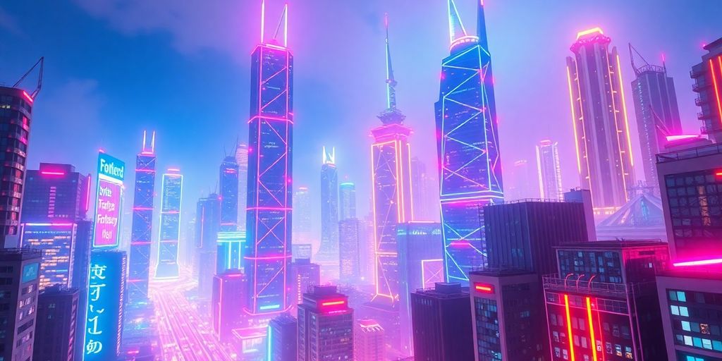 Futuristic cityscape with glowing network lines.