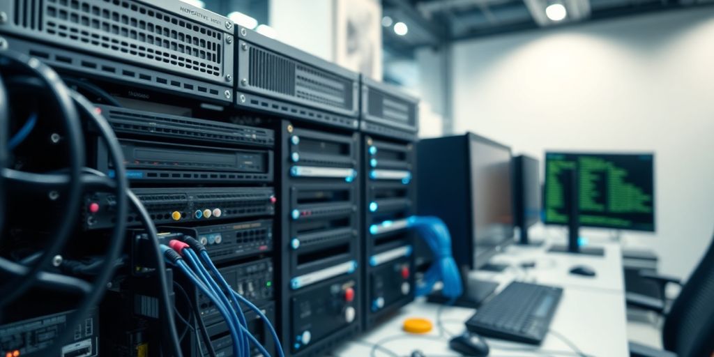 Close-up of secure computer hardware and network devices.