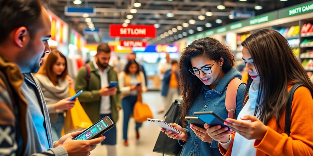 Diverse shoppers interacting with personalized online shopping interfaces.