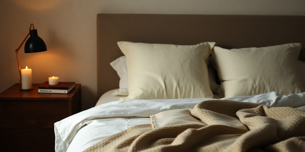 Cozy bedroom setting with soft lighting and calming decor.