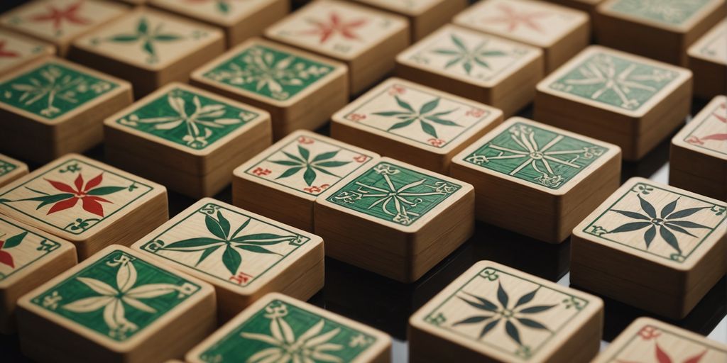 Close-up of Mahjong bamboo tiles in a row