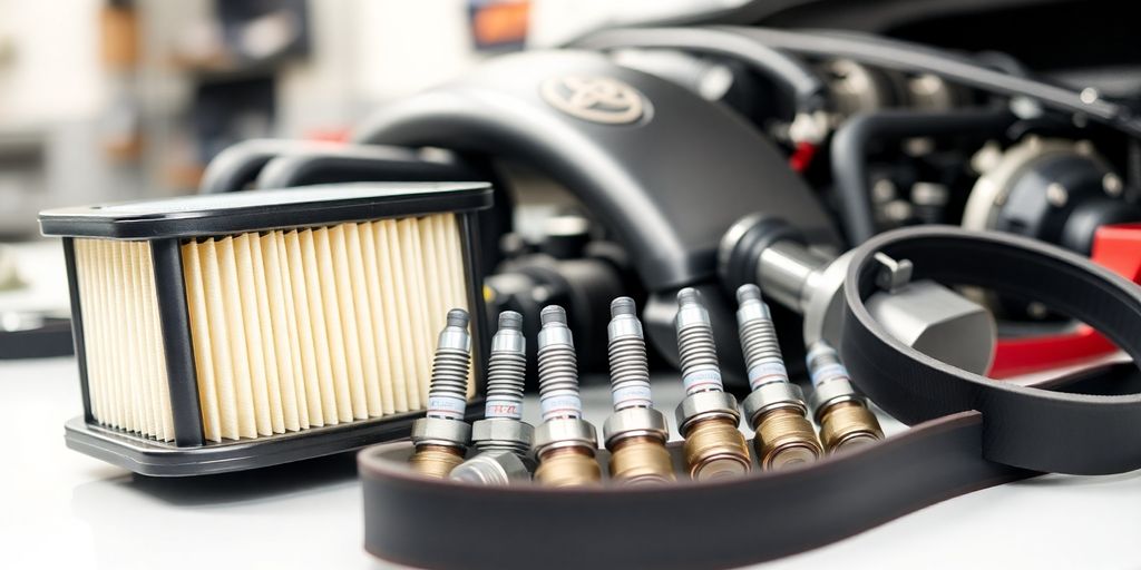 Hilux engine parts on a workbench.