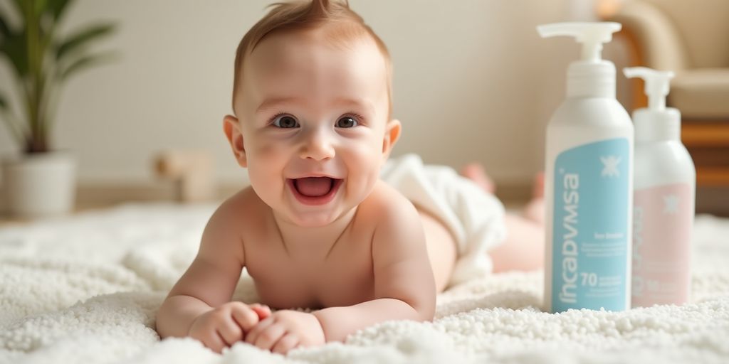 Happy baby with smooth skin in a nursery.