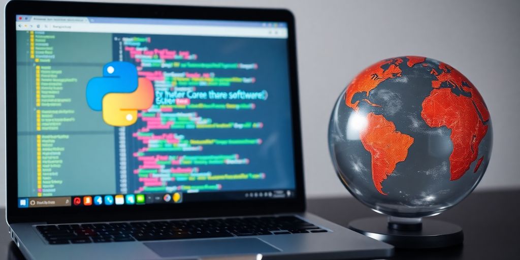 Laptop with Python code and a globe