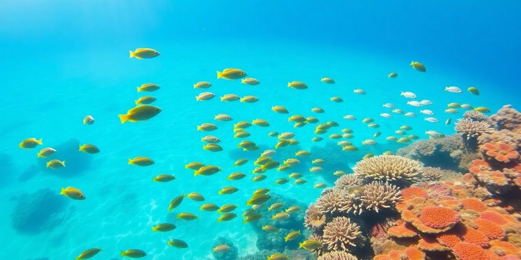 Vibrant coral reef teeming with colorful fish underwater.