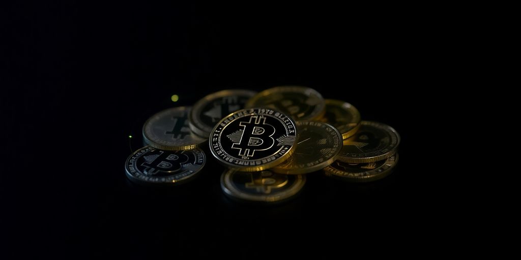 Digital coins with glowing lines