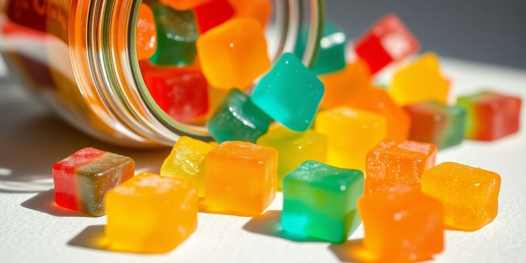CBD gummies in a glass jar.
