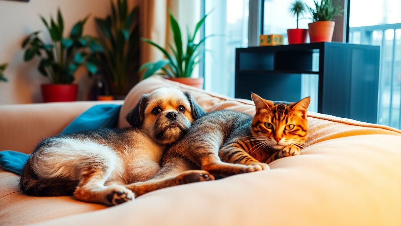 Cachorro e gato relaxando em um sofá aconchegante.