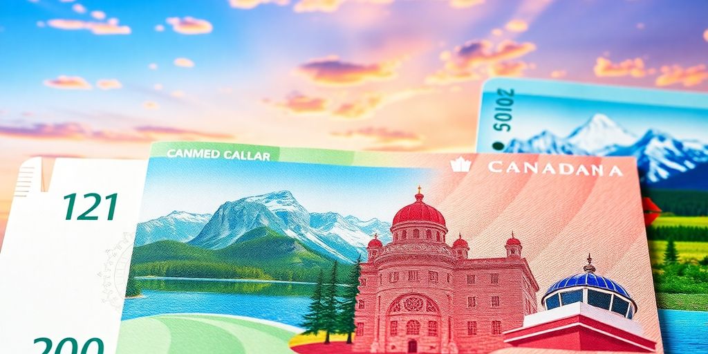 Notas de dólar canadense em cenário turístico canadense.