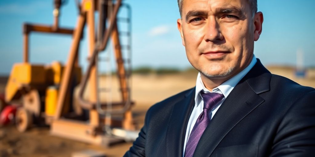Lawyer in suit at oilfield with machinery in background.
