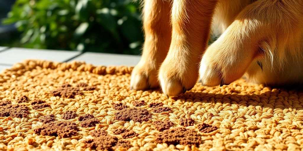 Playful dog paws on a welcome mat.