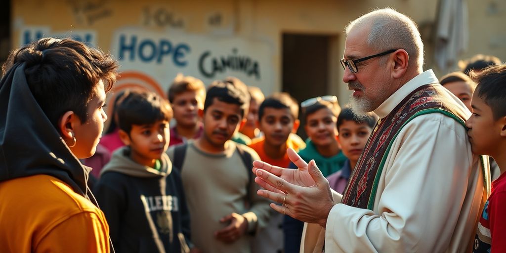 Priest with youth promoting hope in Caivano against crime.