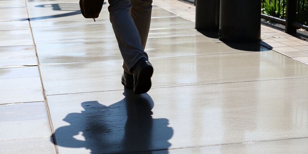 Person stumbling on a wet sidewalk