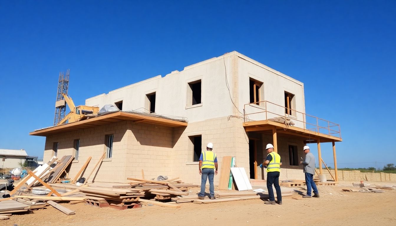 Construction workers at a refurbished building site.