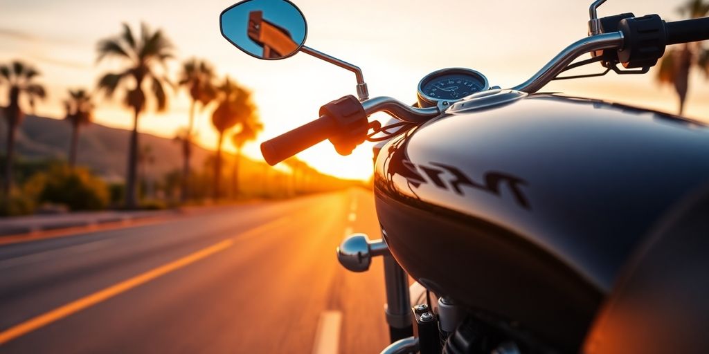Motorcycle on a scenic San Diego road during sunset.