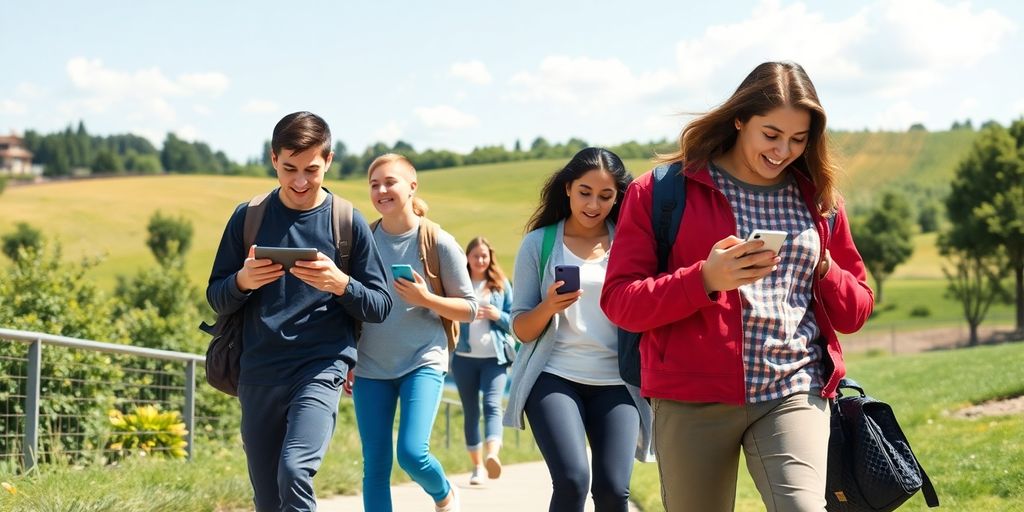 Students walking outdoors while using smartphones.