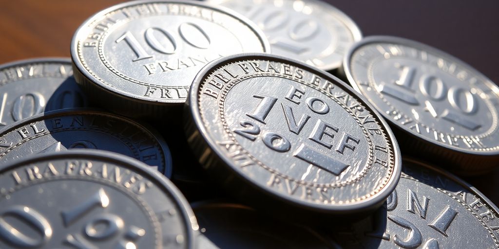 Des pièces de 100 francs en argent empilées.