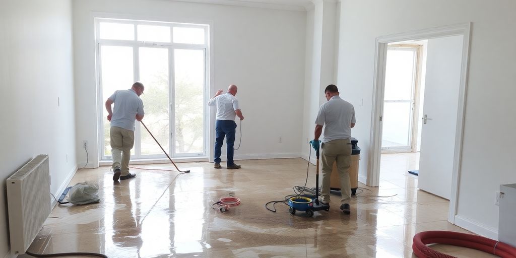 Workers restoring a water-damaged room with tools.