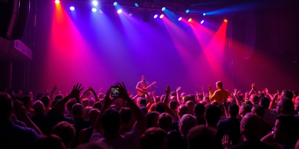 Energetic concert with musicians performing and colorful lights.