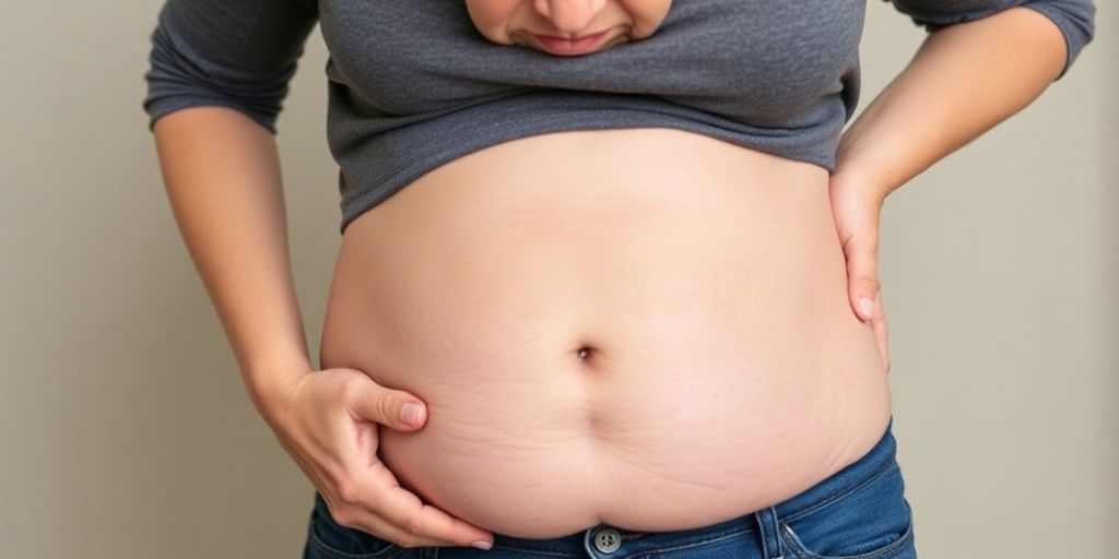 Woman touching midsection with concern.