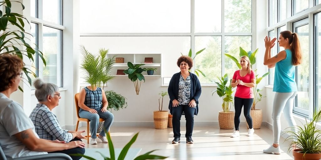 Diverse individuals engaged in various rehab activities.