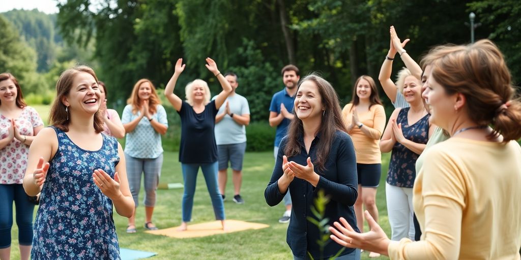 Blije mensen doen lachyoga in de natuur.