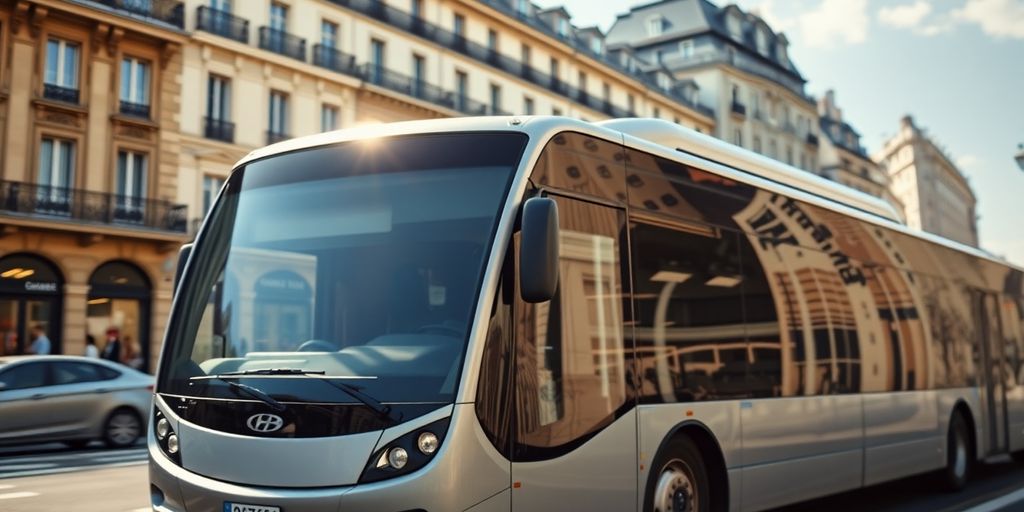 Vue d'un bus parisien moderne sur une artère animée.