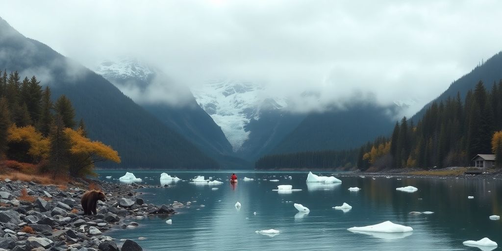 Brown bear on rocky shore with glacier and mountains backdrop.