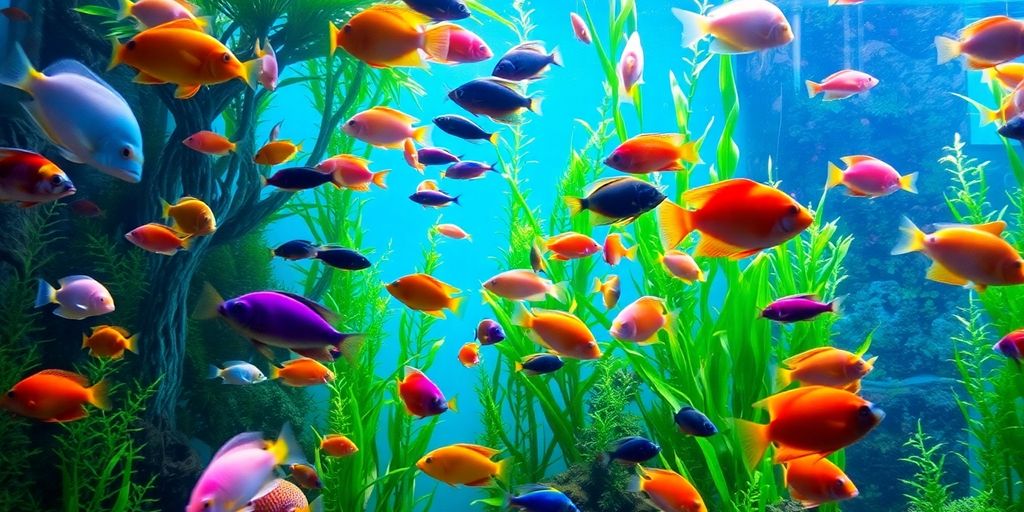 Makukulay na isda na lumalangoy sa isang masaganang aquarium.