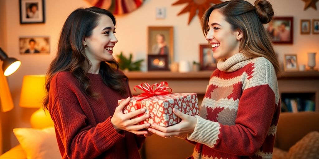 Two friends exchanging heartfelt gifts in a cozy setting.
