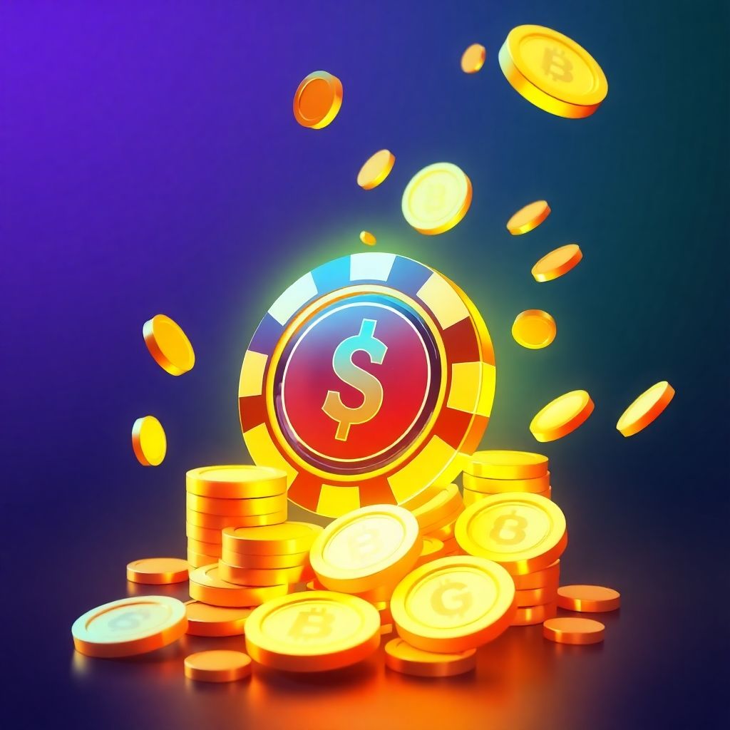 Glowing cryptocurrency coins near a casino chip