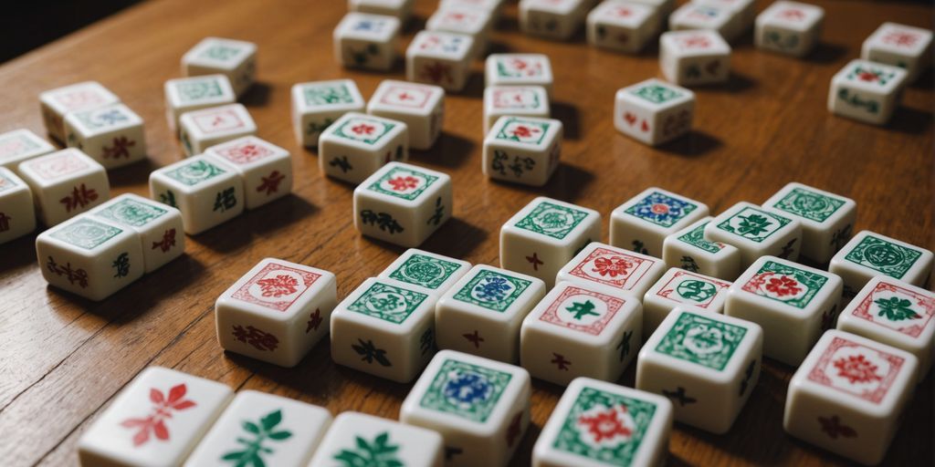 Different Mahjong tiles organized on a wooden surface.