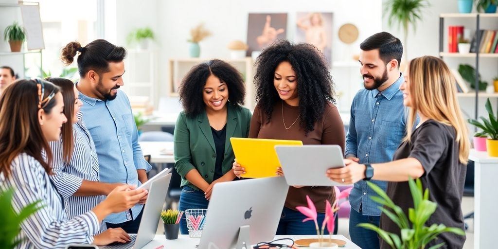 Diverse small business owners collaborating in a modern workspace.