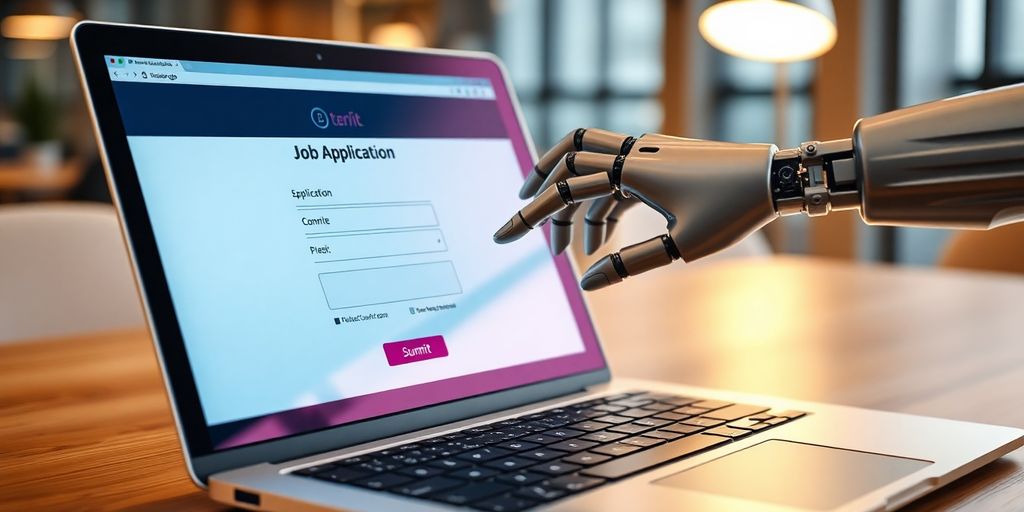 Robot hand applying for jobs on a laptop
