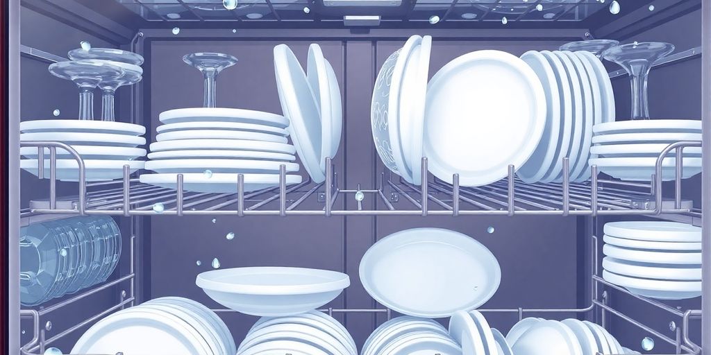 Clean dishes stacked in a dishwasher.