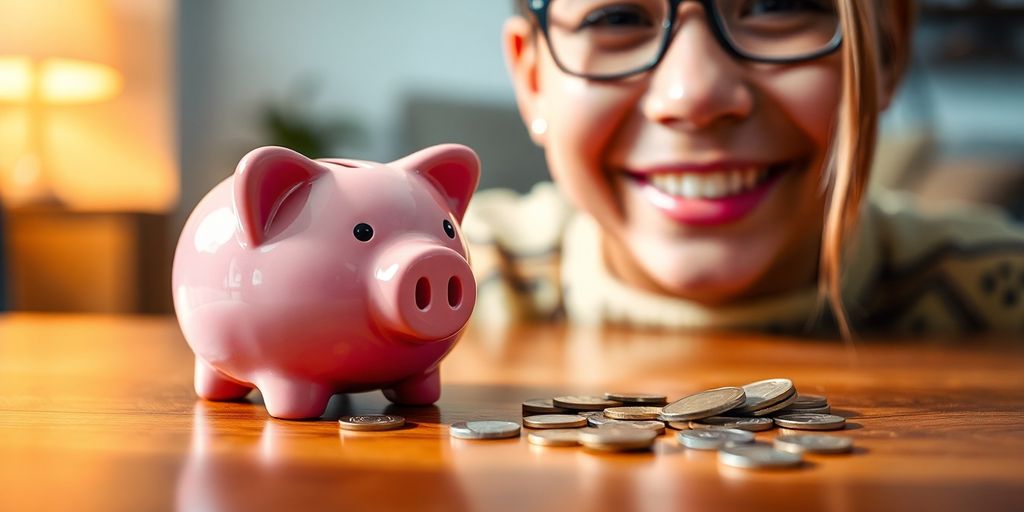 Piggy bank, coins, person smiling